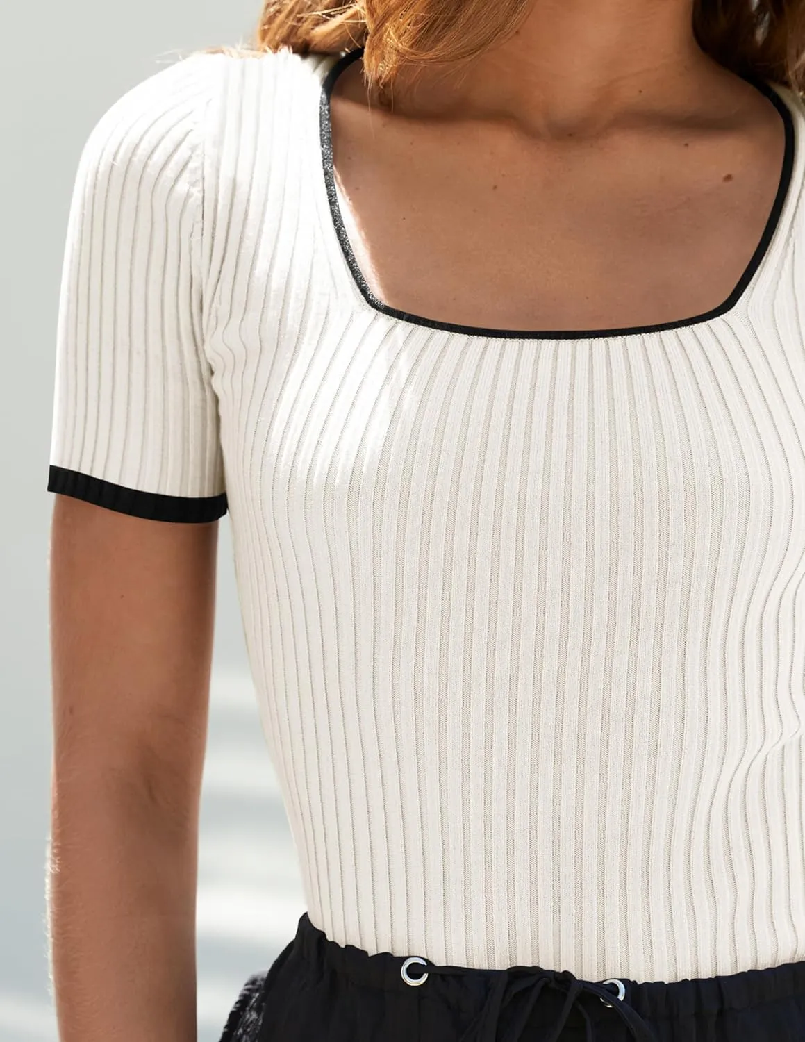 ZESICA Women's Short Sleeve Square Neck Color Block T Shirt 2025 Summer Slim Fit Ribbed Knit Basic Tee Tops