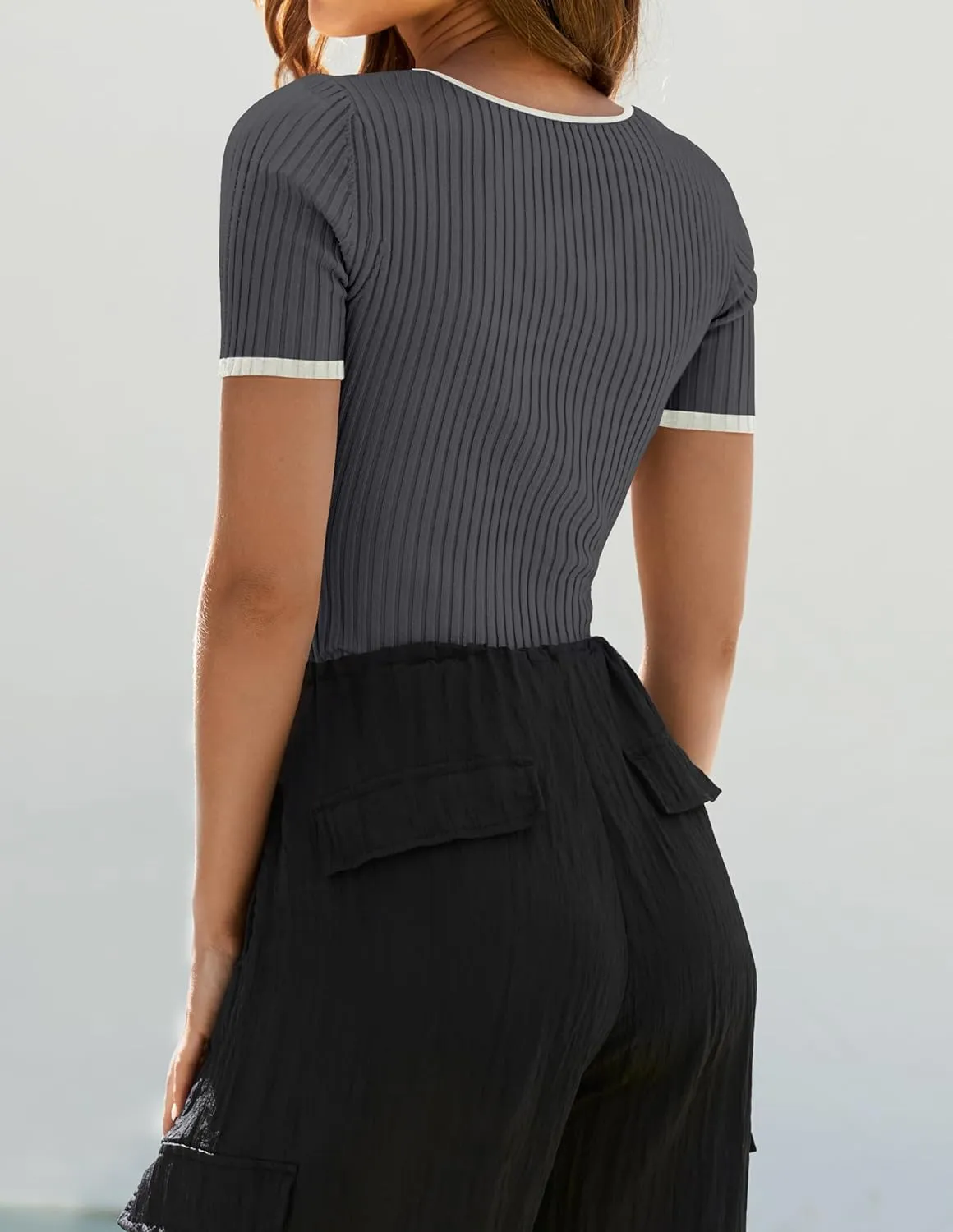 ZESICA Women's Short Sleeve Square Neck Color Block T Shirt 2025 Summer Slim Fit Ribbed Knit Basic Tee Tops