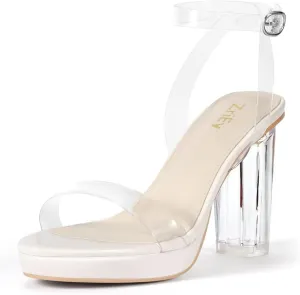 ZriEy 4-Inch Platform Clear High Heels for Women Block Chunky Heeled Sandals Open Toe Ankle Strap Heels Wedding Party Evening Prom Dress Pump Sandal Shoes