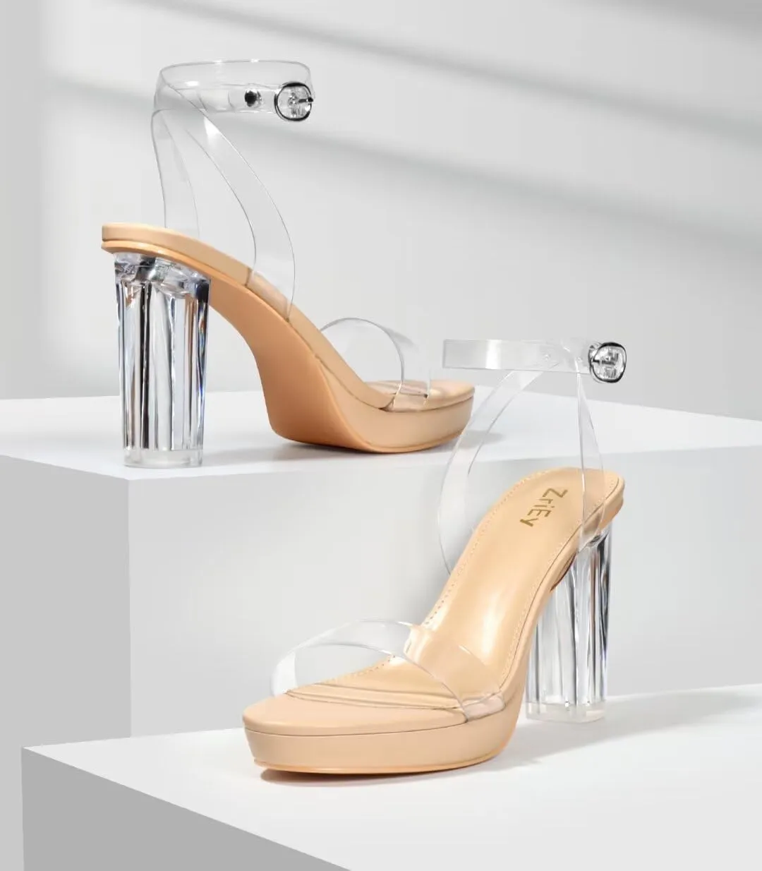 ZriEy 4-Inch Platform Clear High Heels for Women Block Chunky Heeled Sandals Open Toe Ankle Strap Heels Wedding Party Evening Prom Dress Pump Sandal Shoes