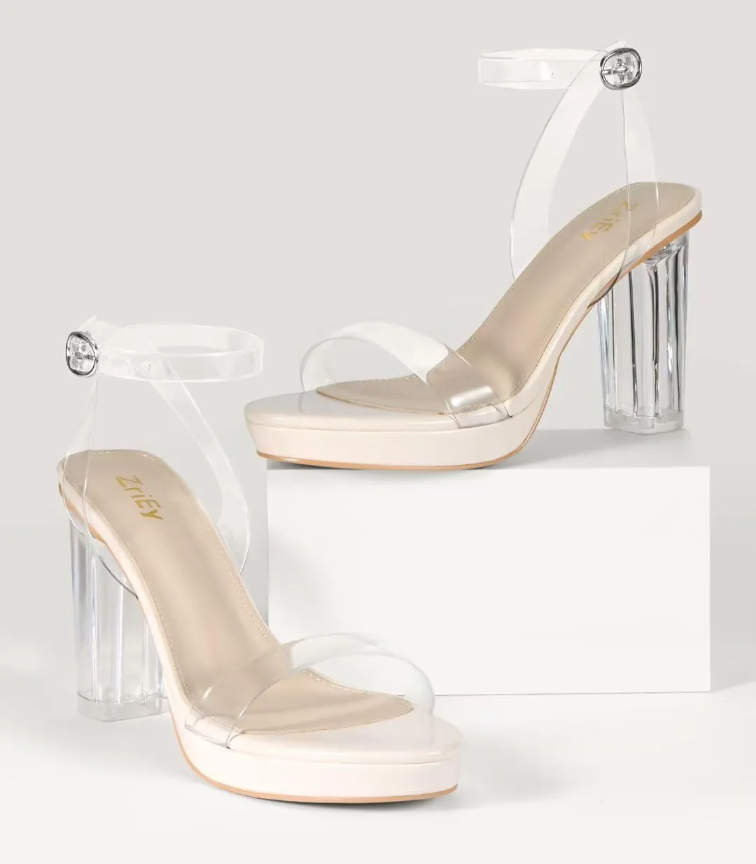 ZriEy 4-Inch Platform Clear High Heels for Women Block Chunky Heeled Sandals Open Toe Ankle Strap Heels Wedding Party Evening Prom Dress Pump Sandal Shoes